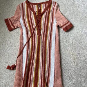 Free People Orange, Yellow, White 100% Cotton Knit Dress with tassles Size S